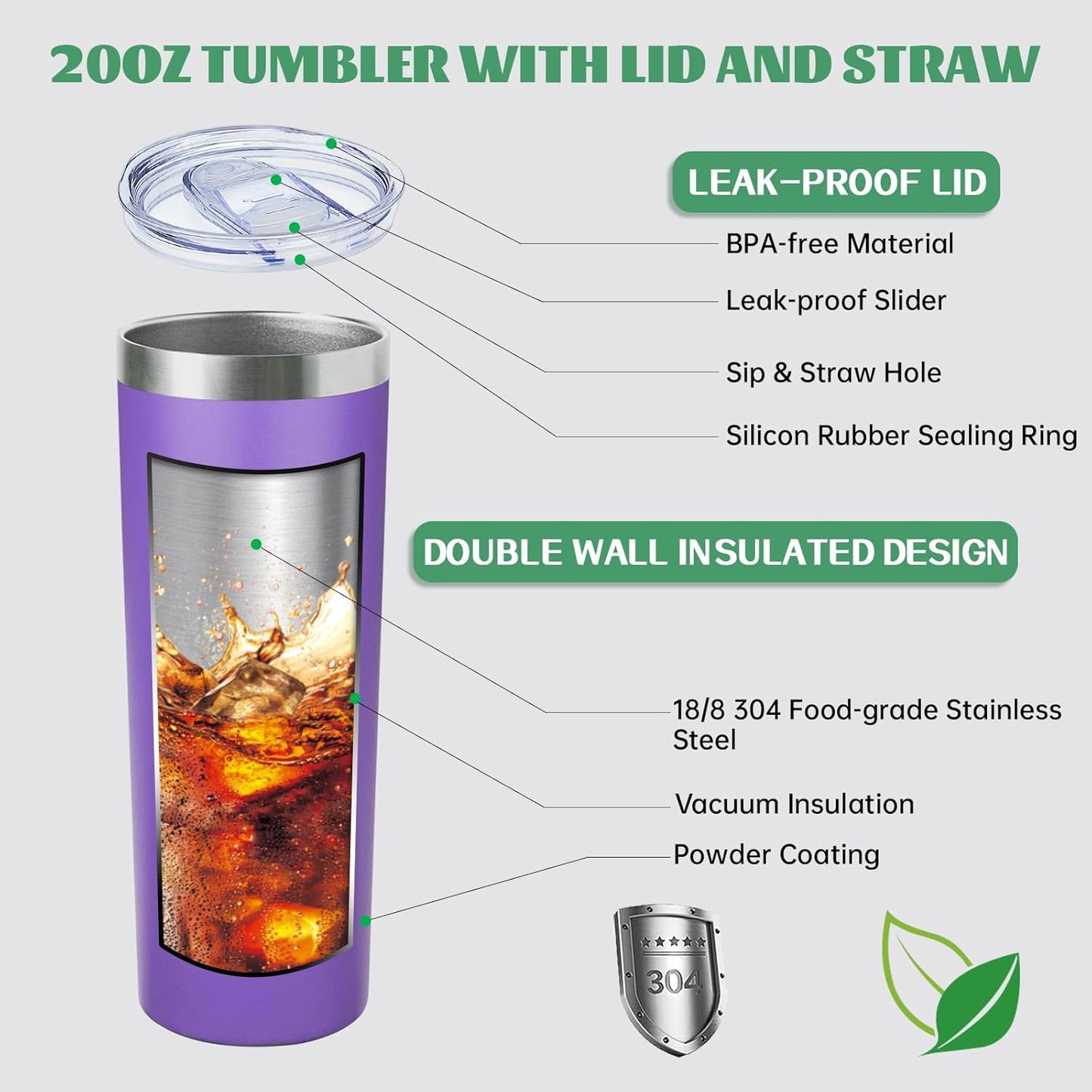 20 oz Skinny Tumbler with Lid and Straw,Stainless Steel Vacuum Insulated Tumbler Cup Double Wall Leak-proof Coffee Mug,Travel Thermal Water Tumbler for Home,Office,Outdoor (Purple,1)