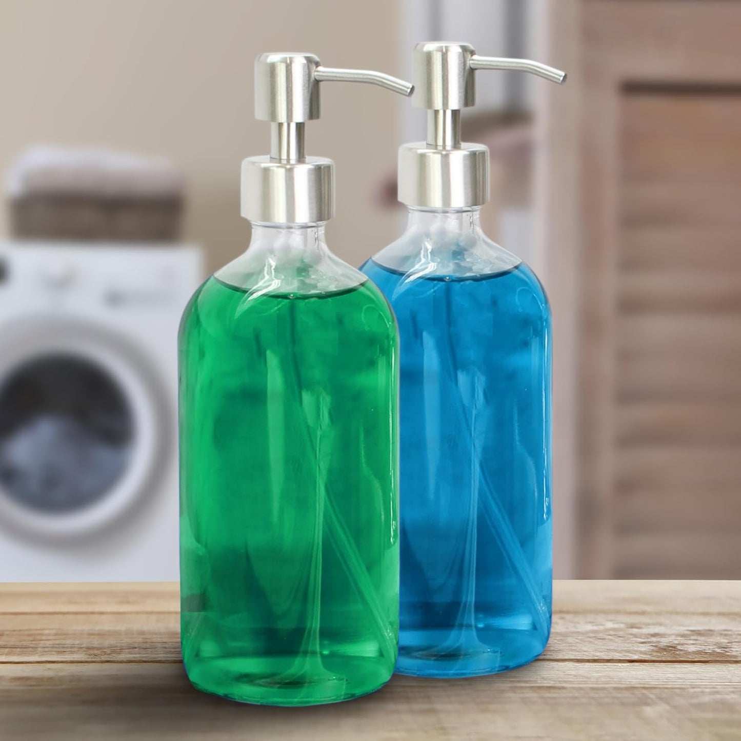 Cornucopia Brands 16-Ounce Clear Glass Bottles w/Stainless Steel Pumps (2 Pack), Soap Dispenser Great for Essential Oils, Lotions, Liquid Soaps
