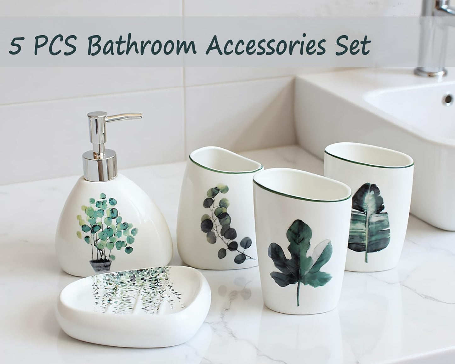 5 Piece Ceramic Bathroom Accessory Set with Botanical Pattern, Includes Soap Dispenser, Toothbrush Holder, Soap Dish & 2 Mouthwash Cups, Modern Elegant Countertop Decor for Bathroom Vanity
