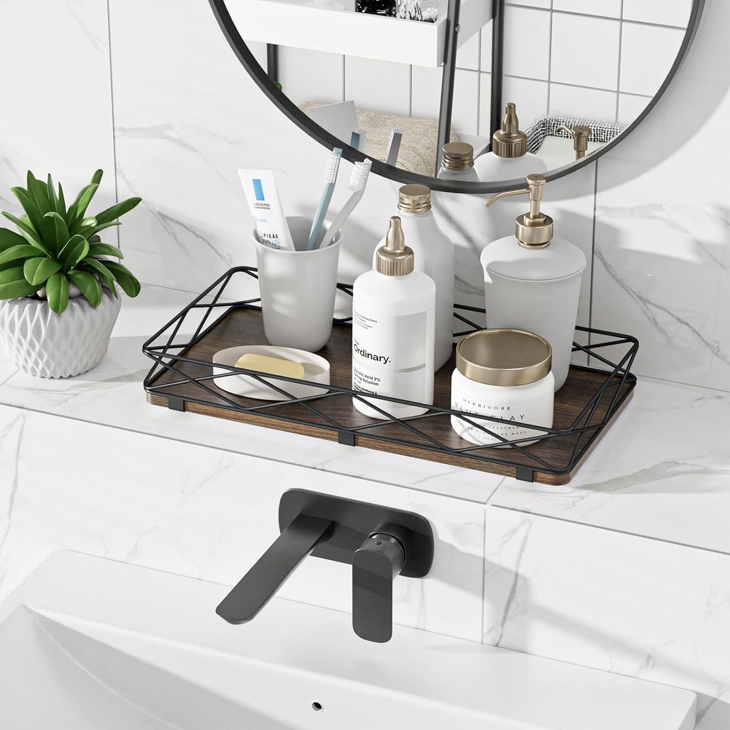 Toilet Paper Basket Holder, 13" Bathroom Tray Countertop, Wood and Metal Toilet Tank Tray Bathroom Vanity Organizer for Toiletry, Kitchen Sink Organizer for Soap Dispenser (Brown+Black)