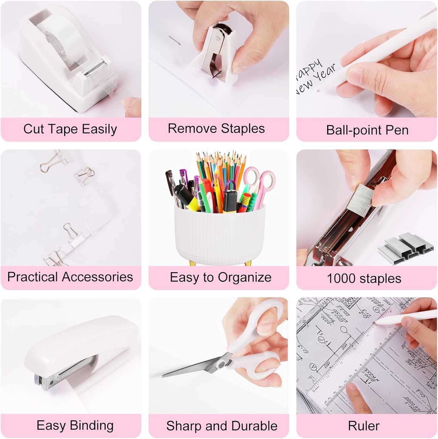 Desk Organizers and Accessories Set with 360-Degree Rotating Pen Holder, Tape Dispenser, Stapler, Staple Remover, 1000 Staples, Tape, Clips Set, Ruler, Scissor, Pen