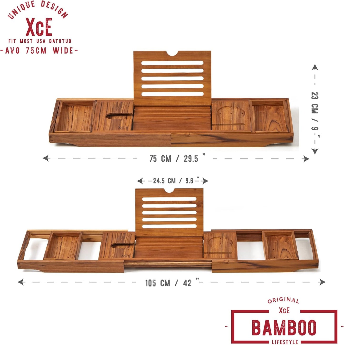 XcE Teak Bathtub Tray Expandable to 105cm with Solid Book Stand and Soap Tray, Teak