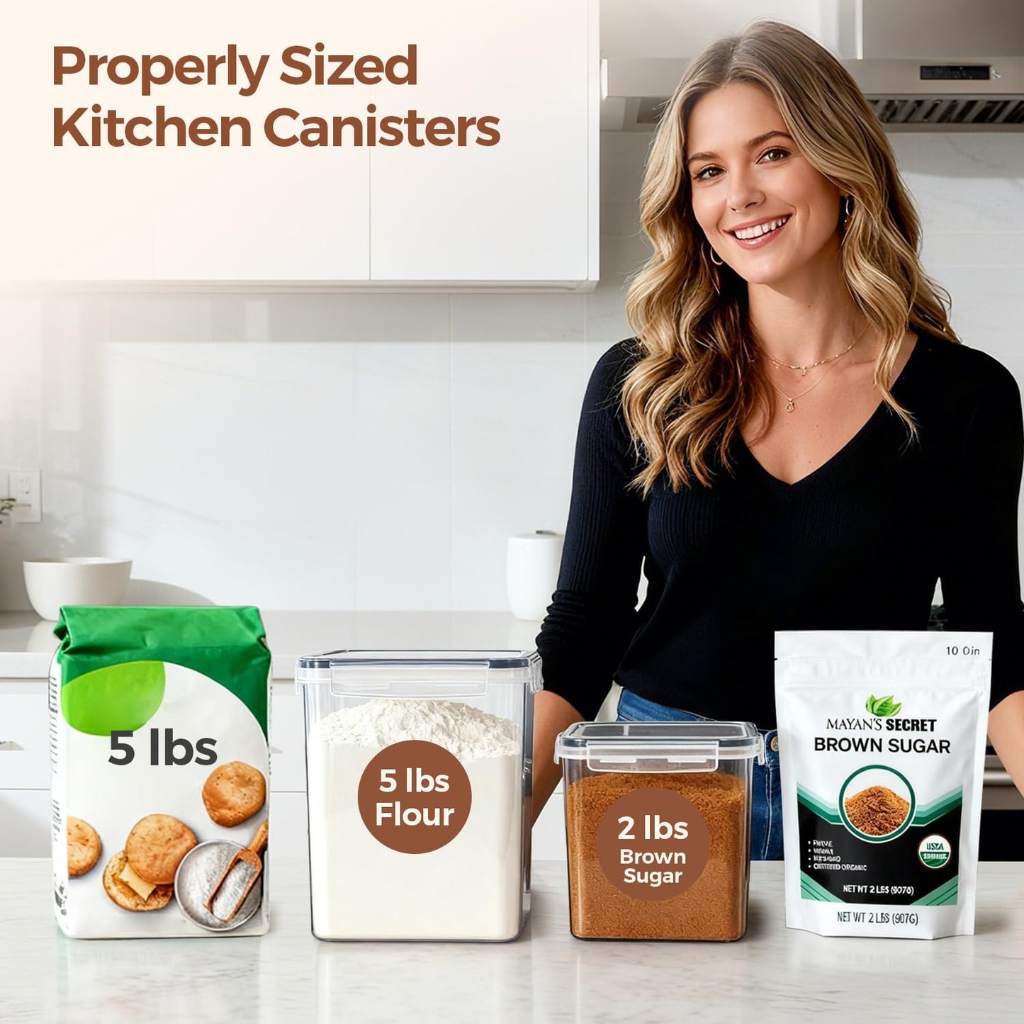 ComSaf Flour Sugar Storage Containers Set of 3 (5.2L/5.5Qt) (2.5L/2.6Qt*2), Large Airtight Food Storage Containers with Lids, Plastic Canisters Sets for Kitchen, Pantry Organizers for Rice and Baking