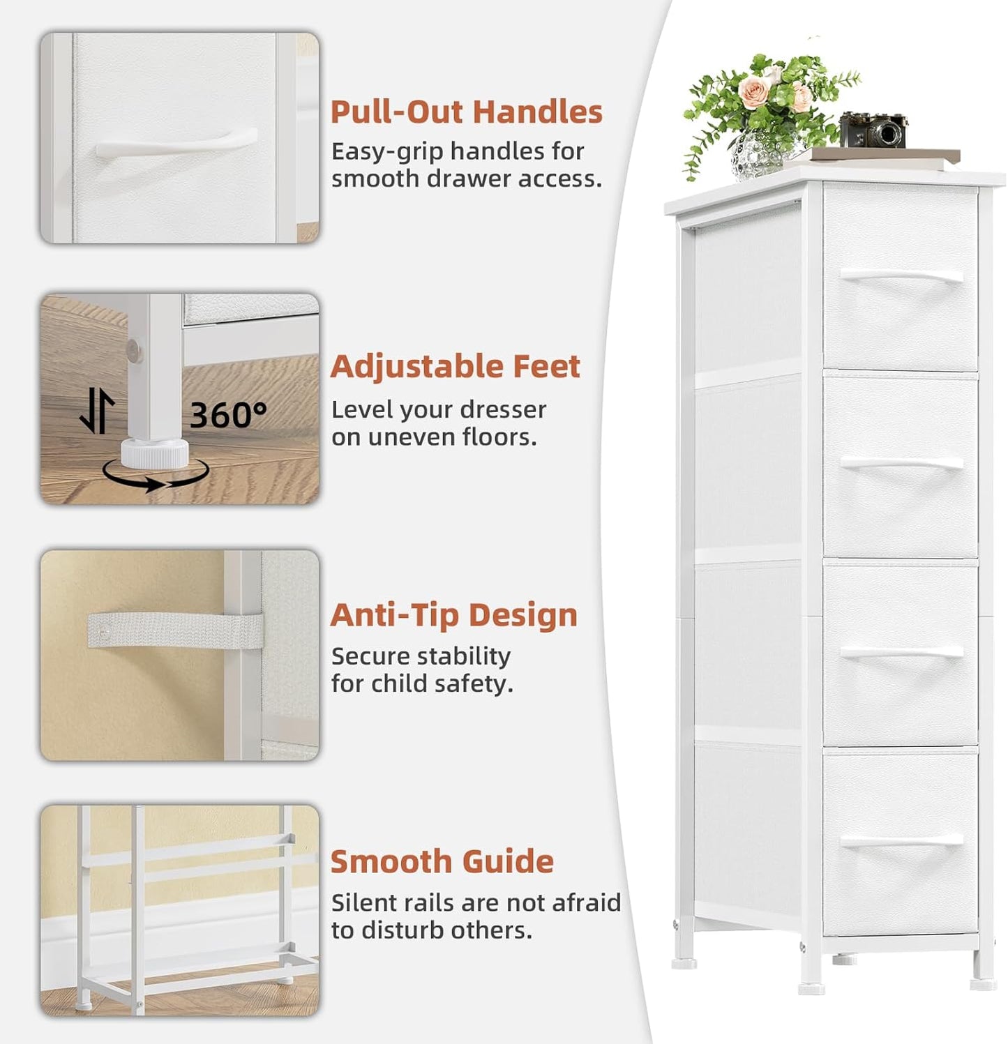 Somdot Narrow Dresser with 4 Drawers, Slim Storage Organizer Chest of Drawers with Removable Fabric Drawers for Small Spaces Bathroom Closet Bedroom Laundry, White Leather