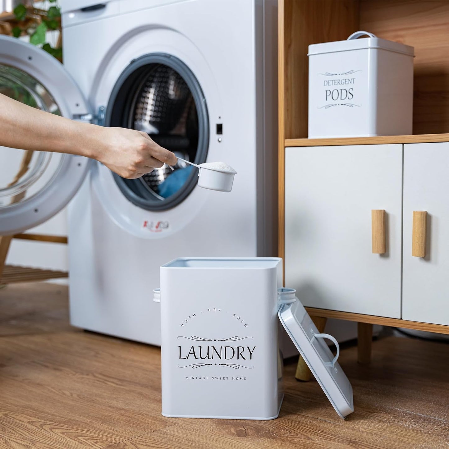 Meraki Home Laundry Detergent Container Set – 2-Pack Detergent Holder with Scoop - Laundry Detergent Sheets and Pods Container - Laundry Room Organization and Storage - Glossy White