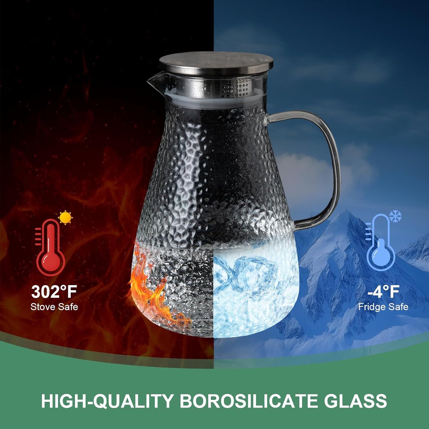 1.8 Liter 60 oz Glass Pitcher with Lid and Spout, Glass Carafe for Hot/Cold Water, Large Iced Tea Pitcher for Coffee, Milk,Juice and Homemade Beverage,Iced Coffee, and Container for Drinks