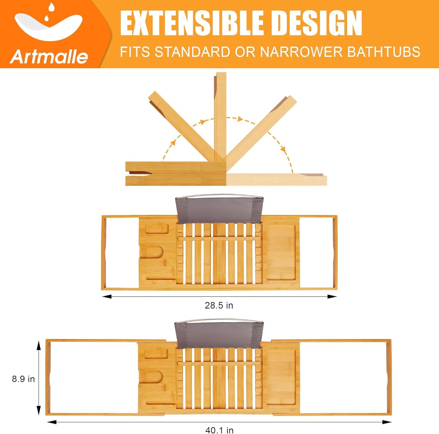 Artmalle Luxury Bathtub Caddy Tray for Tub - Foldable Bamboo Bath Table Tray with Book and Wine Glass Holder, Expandable Bathroom Accessories for Spa or Reading Lite Style