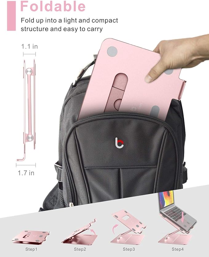 Adjustable MacBook Pink Laptop Stand for Desk | Ergonomic Aluminum Laptop Riser with Heat-Vent, Compatible for 10-17" Laptops, Rose Gold