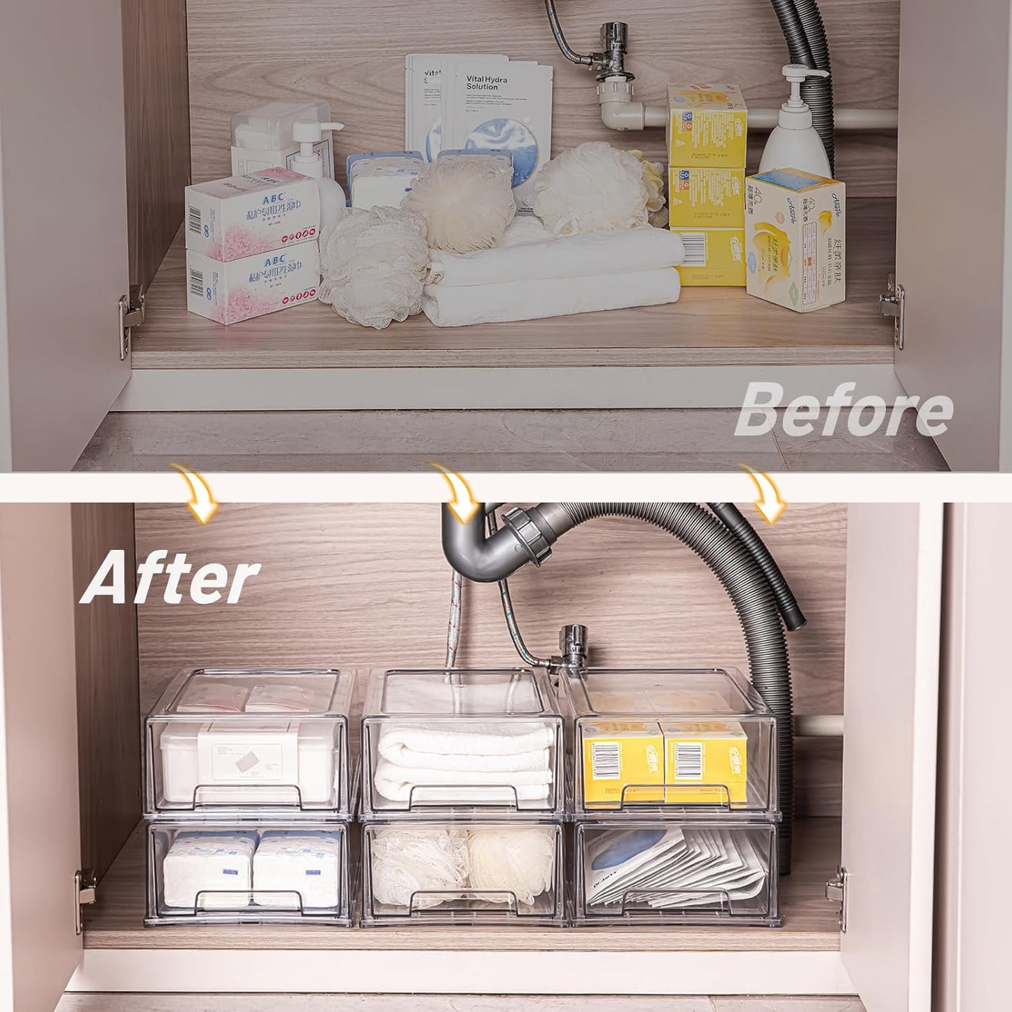 PeJeyiee 6 Pack Stackable Pull-Out Storage Drawers，Plastic Clear Organizer Bins with Handles，Easily Clean for Craft, and Toy Organization，Kitchen Undersink，Cabinet，Fridge，Closet，Pantry，Office，Bathroom