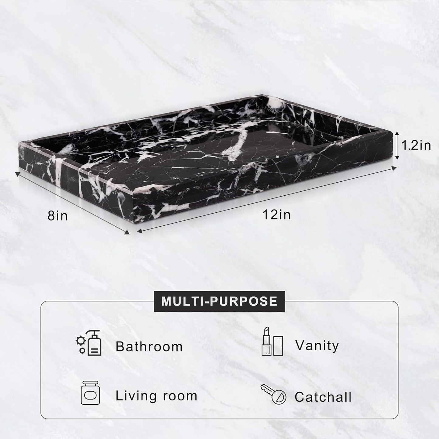 Marble Bathroom Tray for Countertop & Home Decor, Natural Decorative Marble Tray for Jewelry & Perfume Organizer, Luxury Stone Vanity Trays for Dresser, Kitchen Counter, 12" x 8", Black