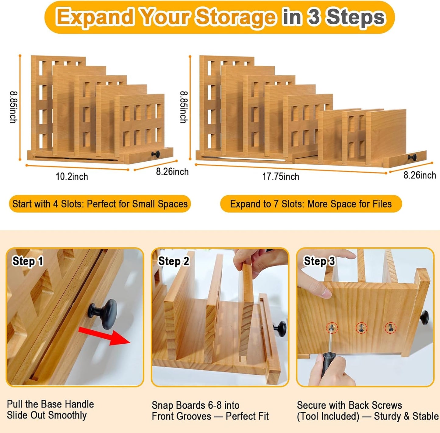 AO LI GEI Wood File Mail Organizer,Expandable Desktop Organizer Paper Sorter Pull Out from 4 to 7 Slots with Hanging Storage Box & Phone Stand,File Holders for Office Desk Home & School ﻿