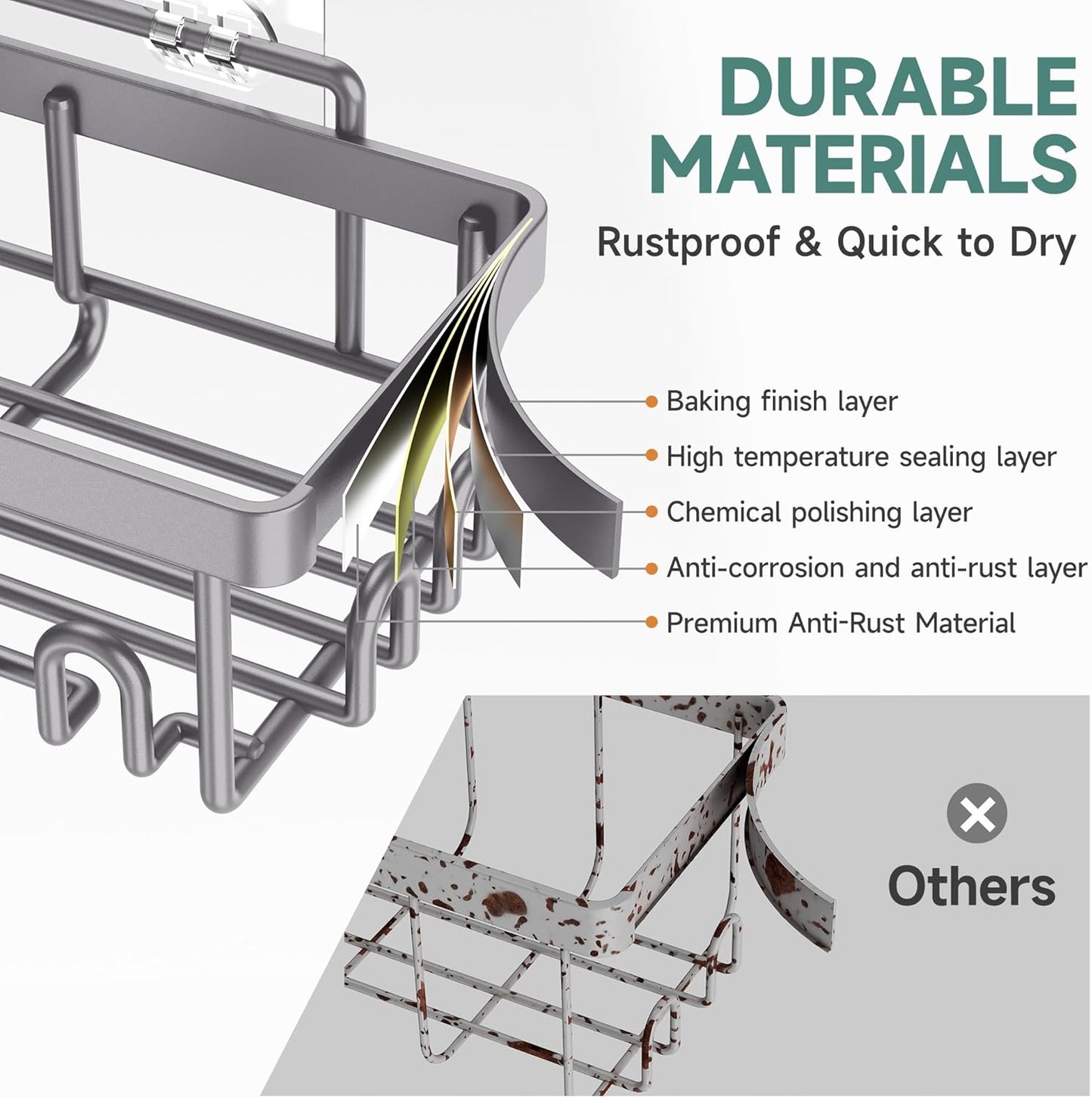 Veken Adhesive Shower Caddy 5-Pack,Heavy Weight Bearing,Large Wall Mounted Shower Shelves Rack,Organizer Storage Accessories with Soap Dish&Toothbrush Holder,Ideal for Bathroom,Home&Kitchen,Light Grey