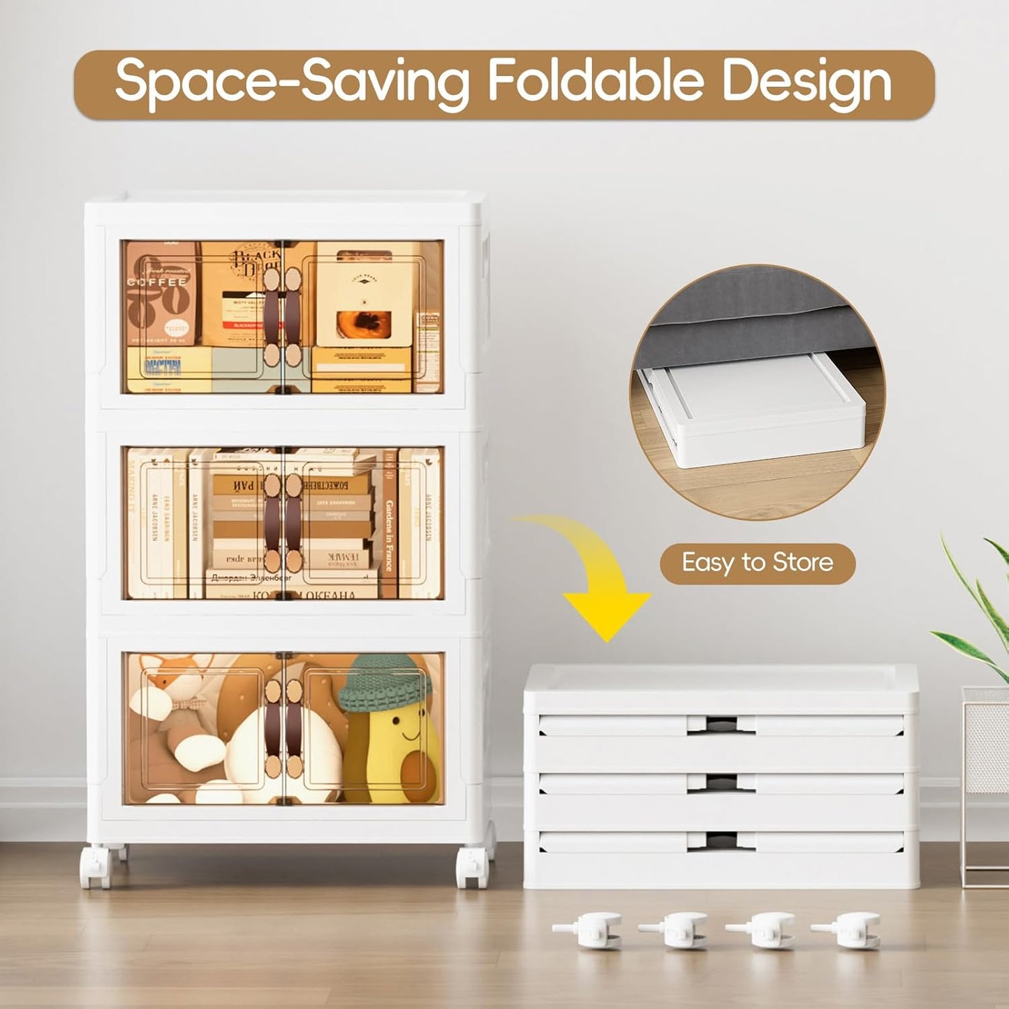 JEKO&JEKO 107Qt Stackable Storage Bins with Lids and Wheels, Foldable Collapsible Plastic Boxes for Clothes, Home, White, 3 Pack