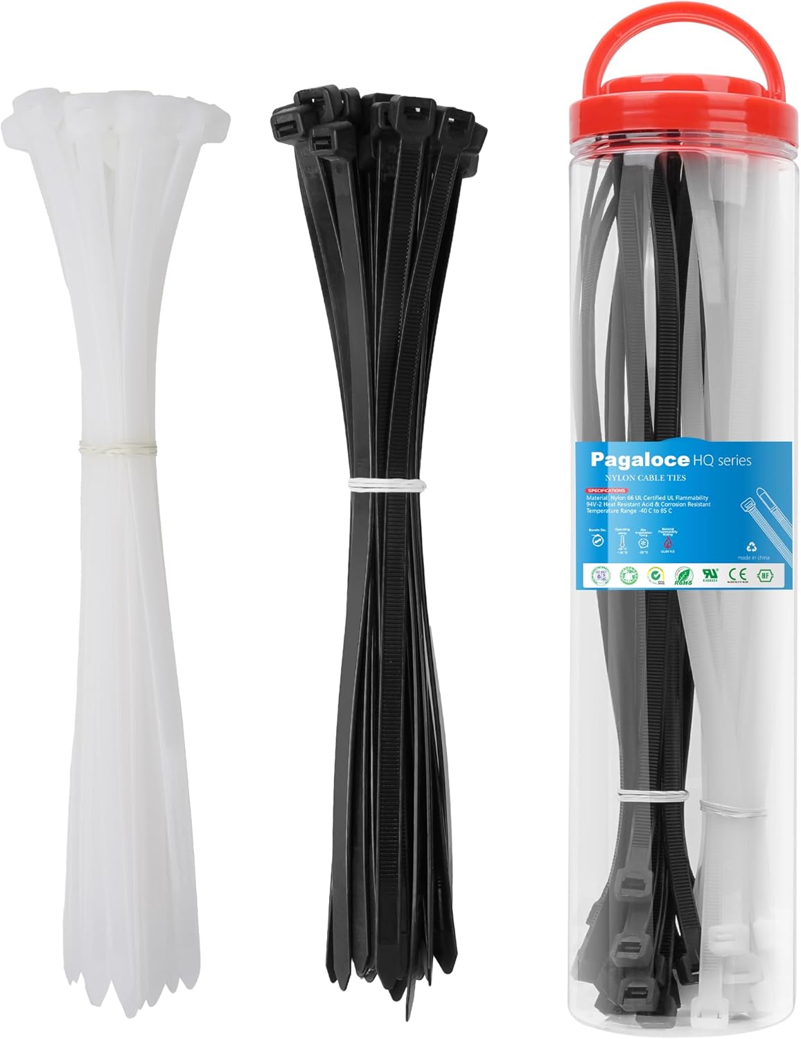50 Pack Zip Cable Ties (Black and White, Each 25pcs), 11 Inch Self-Locking Nylon Zip Ties, Cable Cord Management, Plastic Wire Ties, Size: 7.2mm*300mm, UV Resistant, UL Listed, for Indoor and Outdoor