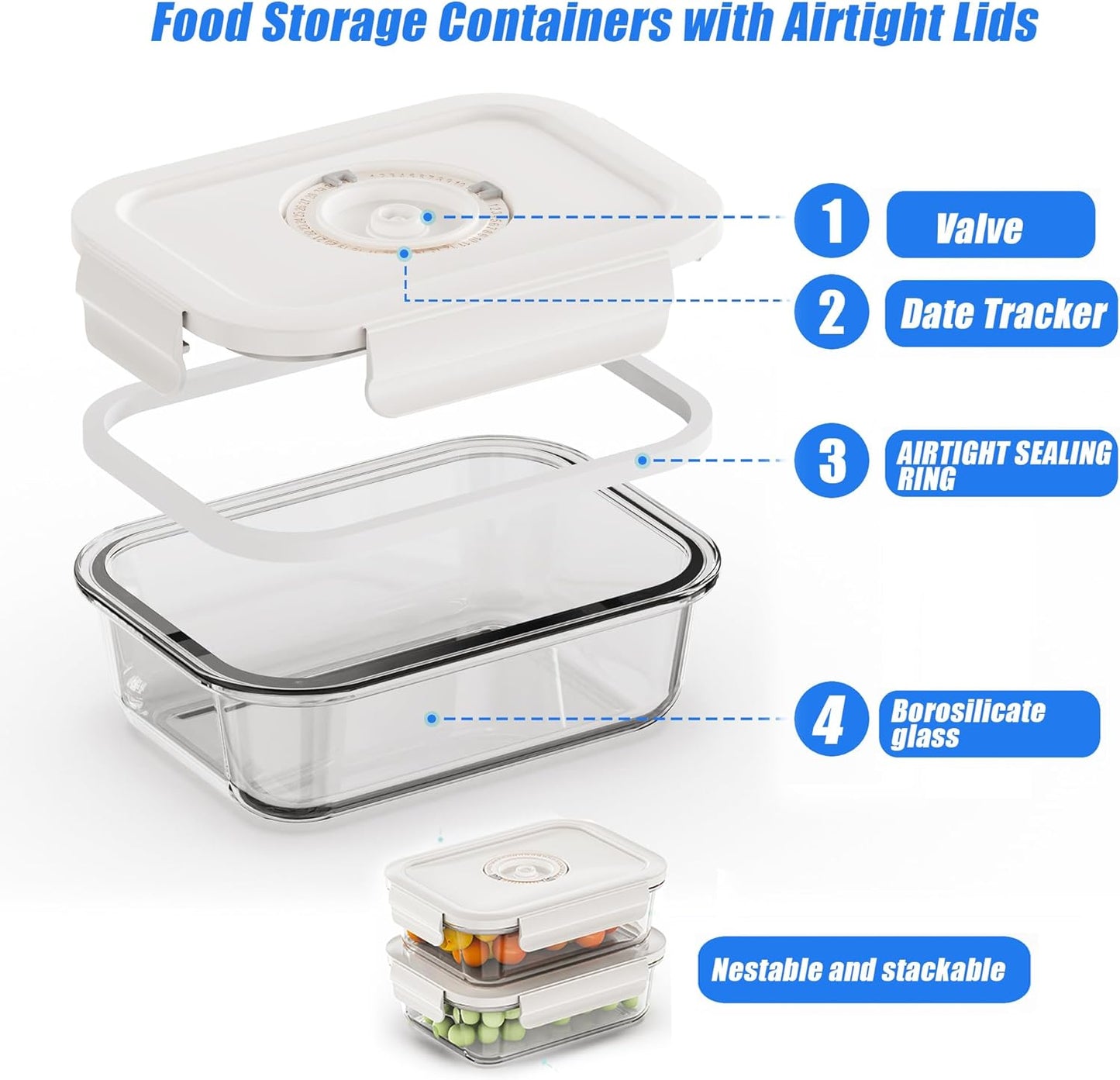 17 PCS Borosilicate Glass Food Vacuum Storage Containers, Vacuum Seal, Airtight,Pantry Kitchen Storage, Meal Prep, Lunch, Leftovers,3 Containers, 10 Reusable Food Saver Sealer Bags,4 Sealing Clips