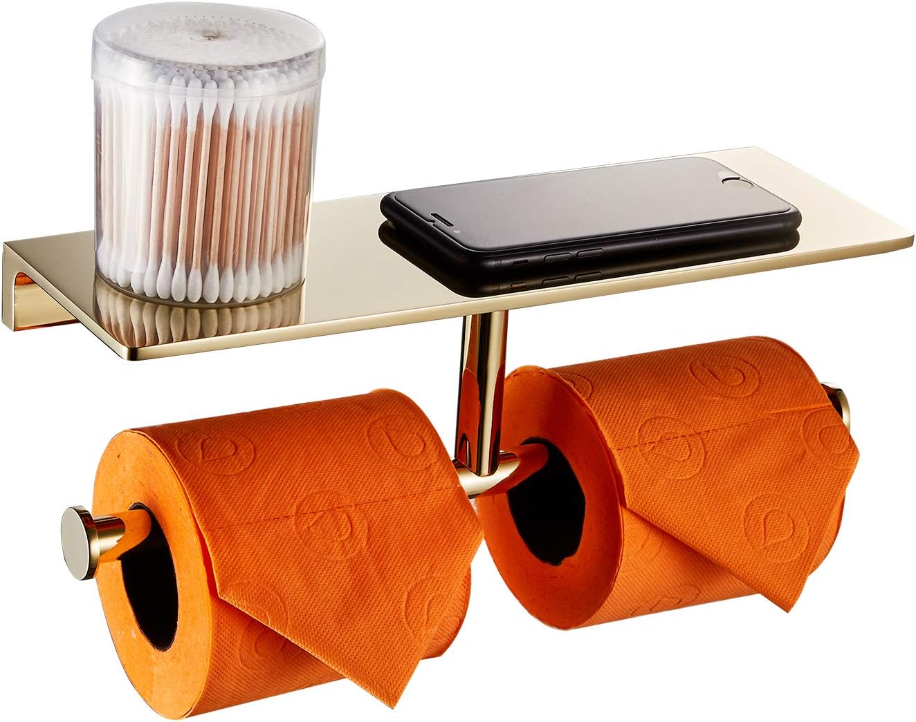 Double Roll Toilet Paper Holder with Shelf Solid Brass and Superior Hotel Style Tissue Dispenser Spared Storage Polished Gold Finish
