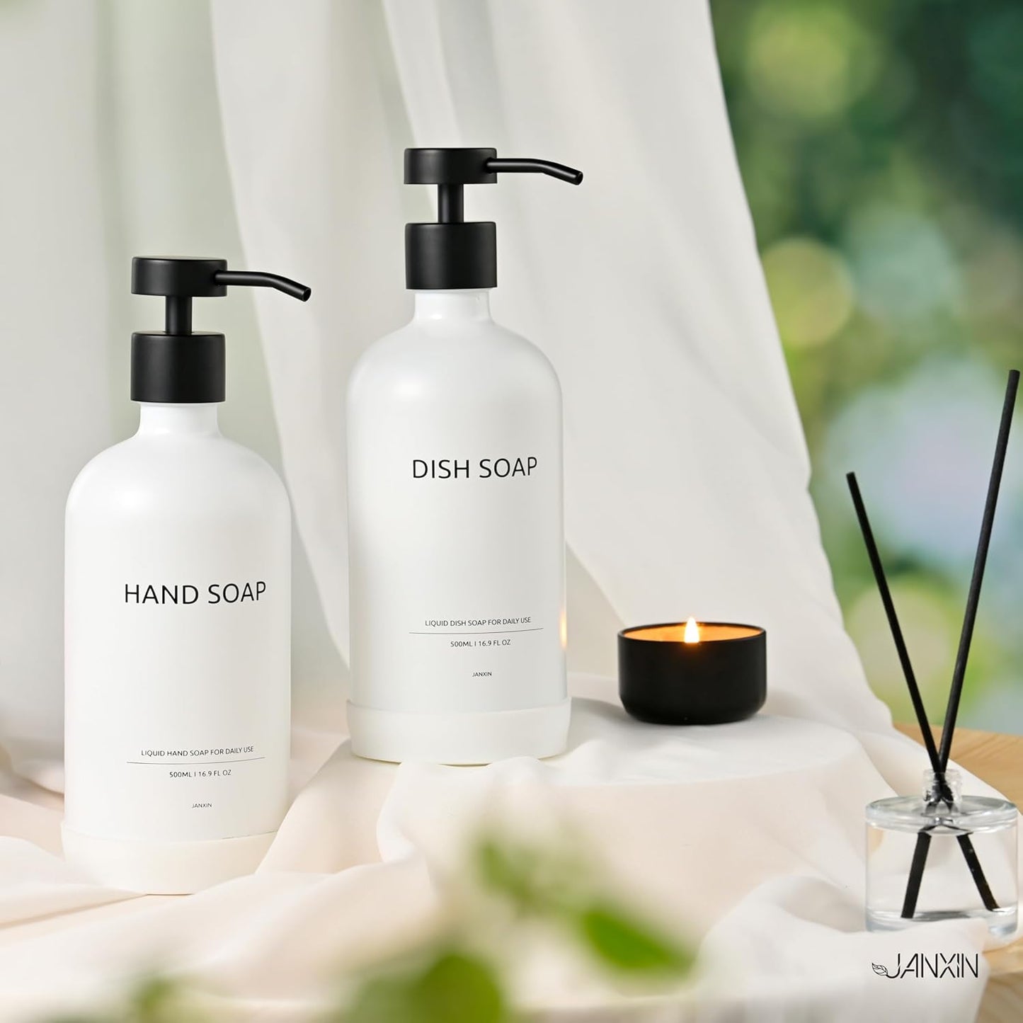 Soap Dispenser Set with Non-Slip Protective Silicone Pad, Hand Soap Dispenser for Bathroom and Kitchen Decor, White and Black Accessories (White Bottles + Black Pumps)