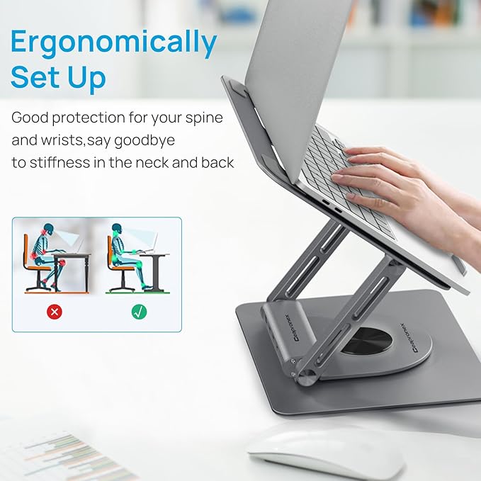 Adjustable Laptop Stand with 360 Rotating Base & USB Docking Station for MacBookPro/Air/Dell/HP/Lenovo, Portable Ergonomic Laptop Riser for Desk with USB Hub 100W PD/4K HDMI/Usb3.0/1000Mbps Ethernet