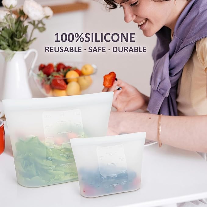 8-Pack Reusable Silicone Food Storage Bags, 100% Silicone Stand-Up Wide-Open Zip-Lock Reusable Storage Bags for Food, Freezer Microwave Oven Dishwasher Safe, Translucent, 4L 2M 2S