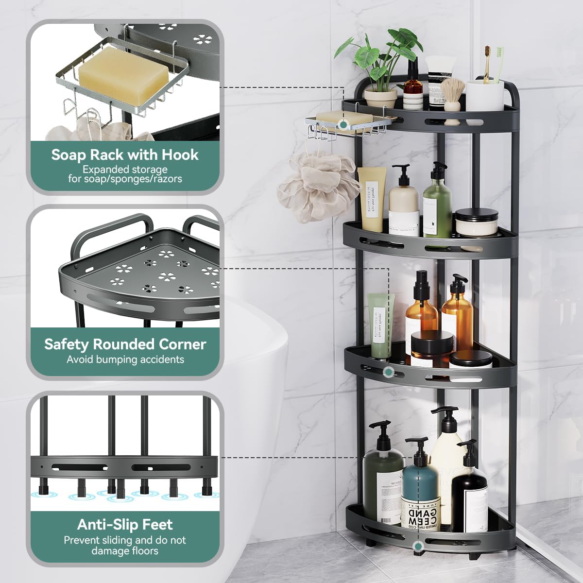 Corner Shower Caddy Stand, 4 Tier Rustproof Standing Shower Organizer with Soap Holder, Aluminum Shower Shelf for Bathroom Storage, Gray