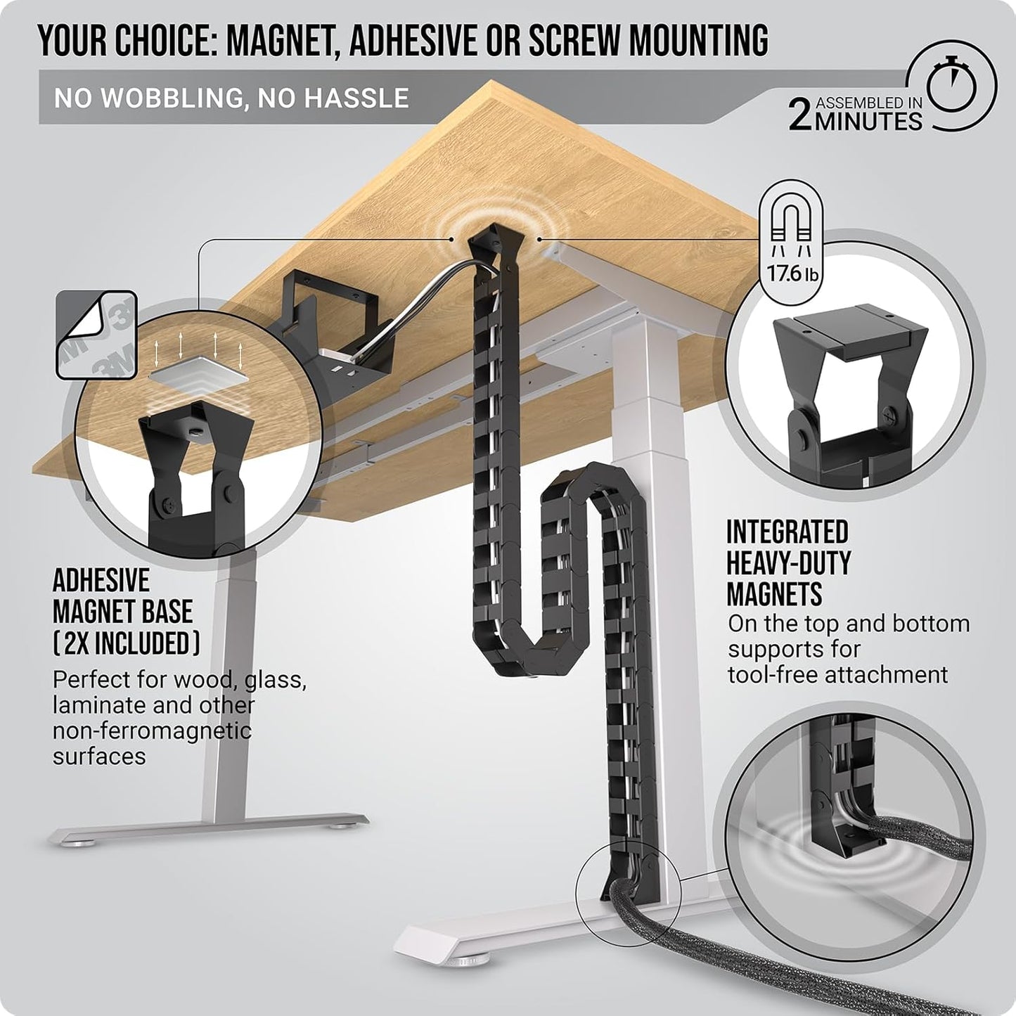 Under Desk Cable Management Vertebrae - Perfect for Sit Stand Desk - Wire Management - Adjustable Length - Flexible Cable Spine - Black, 133 cm