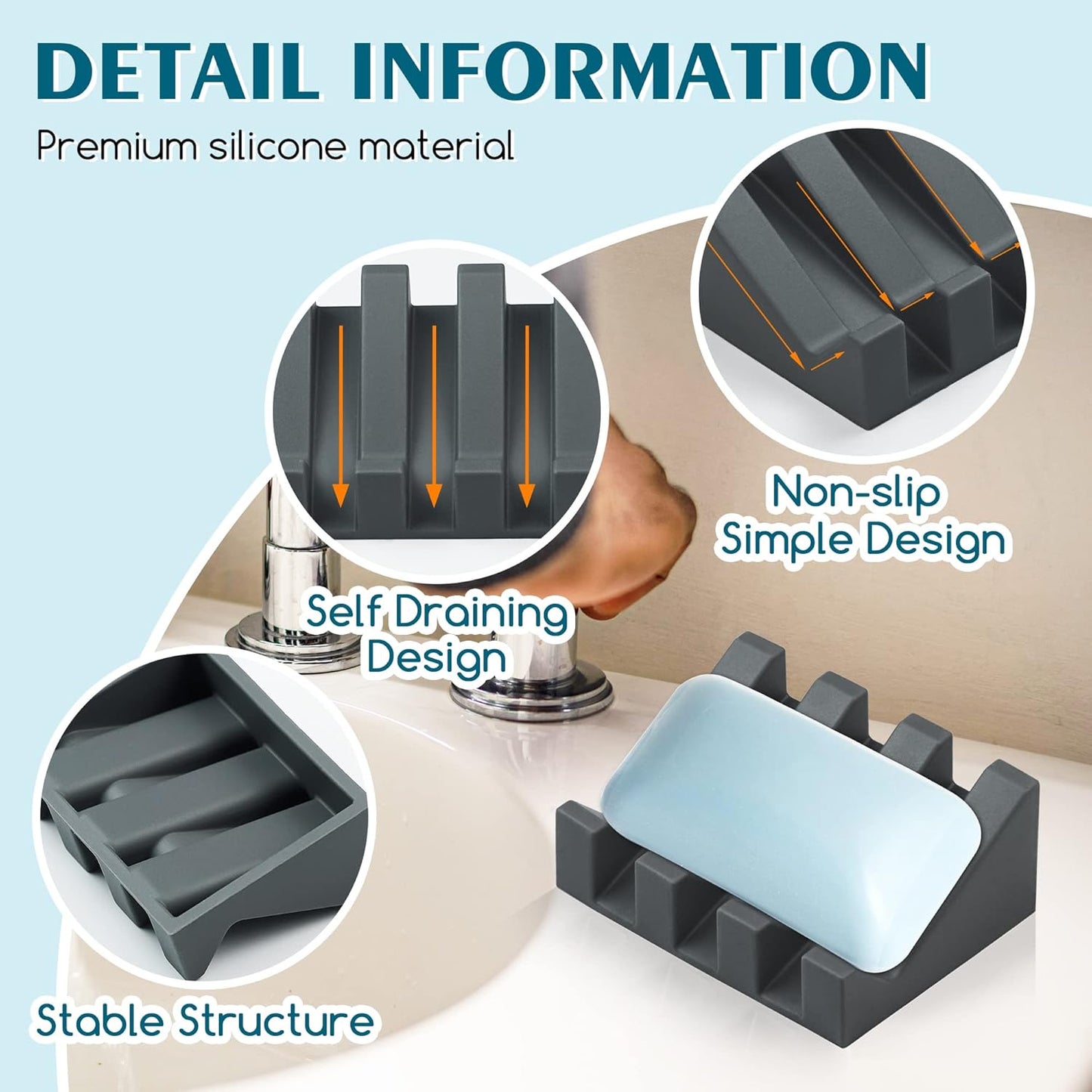 Silicone Soap Dish for Bar Soap Holder for Shower Bathroom Self Draining Waterfall Drying Tray Keep Soap Bars Dry Clean & Easy Cleaning (Grey1, 1)