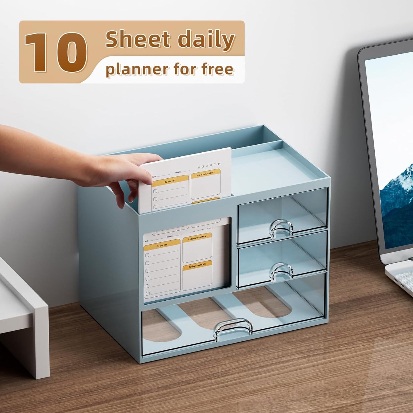 Marbrasse Desk Organizer with 3 Drawer, Multi-Functional Pencil Pen Holder for Desk, Desktop Organizer Storage for Office Home Art Supplies (Blue)