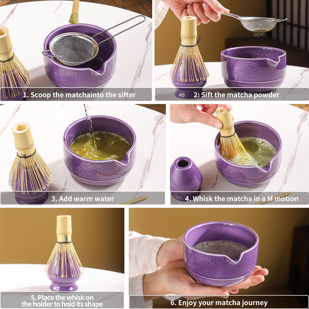 Matcha Tea Set, 5-Piece Ceramic Matcha Bowl & Whisk Kit with Cute Cat Pattern, Traditional Japanese Chawan, Scoop & Sifter, Perfect for Tea Ceremony, Gift for & Tea Lovers (Purple;)