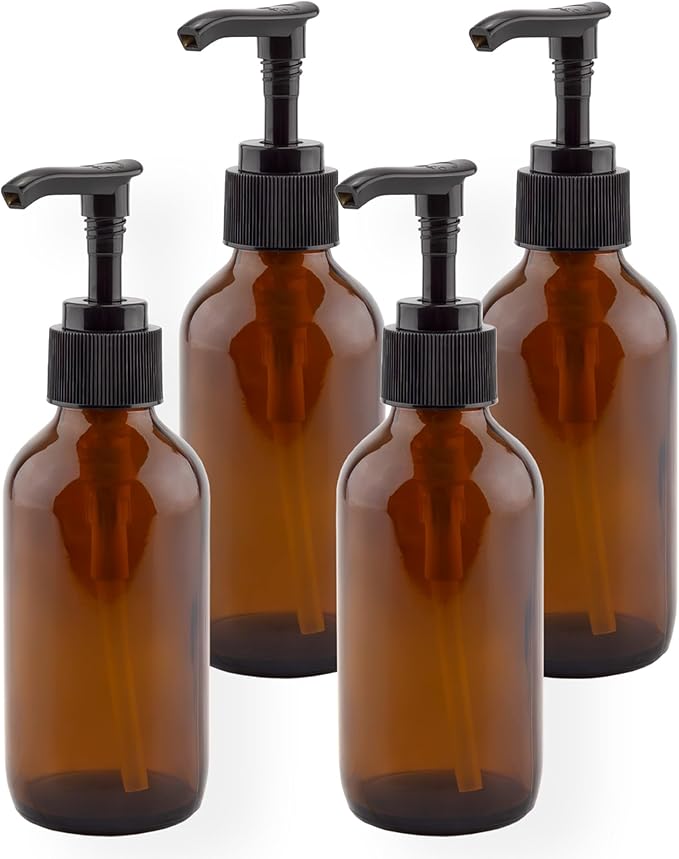 Cornucopia Brands 4oz Amber Glass Pump Bottles (Pack of 4) Great for Lotions, Liquid Soap, Aromatherapy and More
