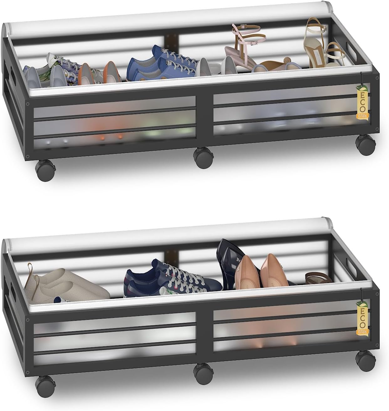 Under Bed Storage Containers with Wheels, Larger Bamboo Wood Under Furniture Storage Containers with Dust Bags，Rolling for Shoes Clothes