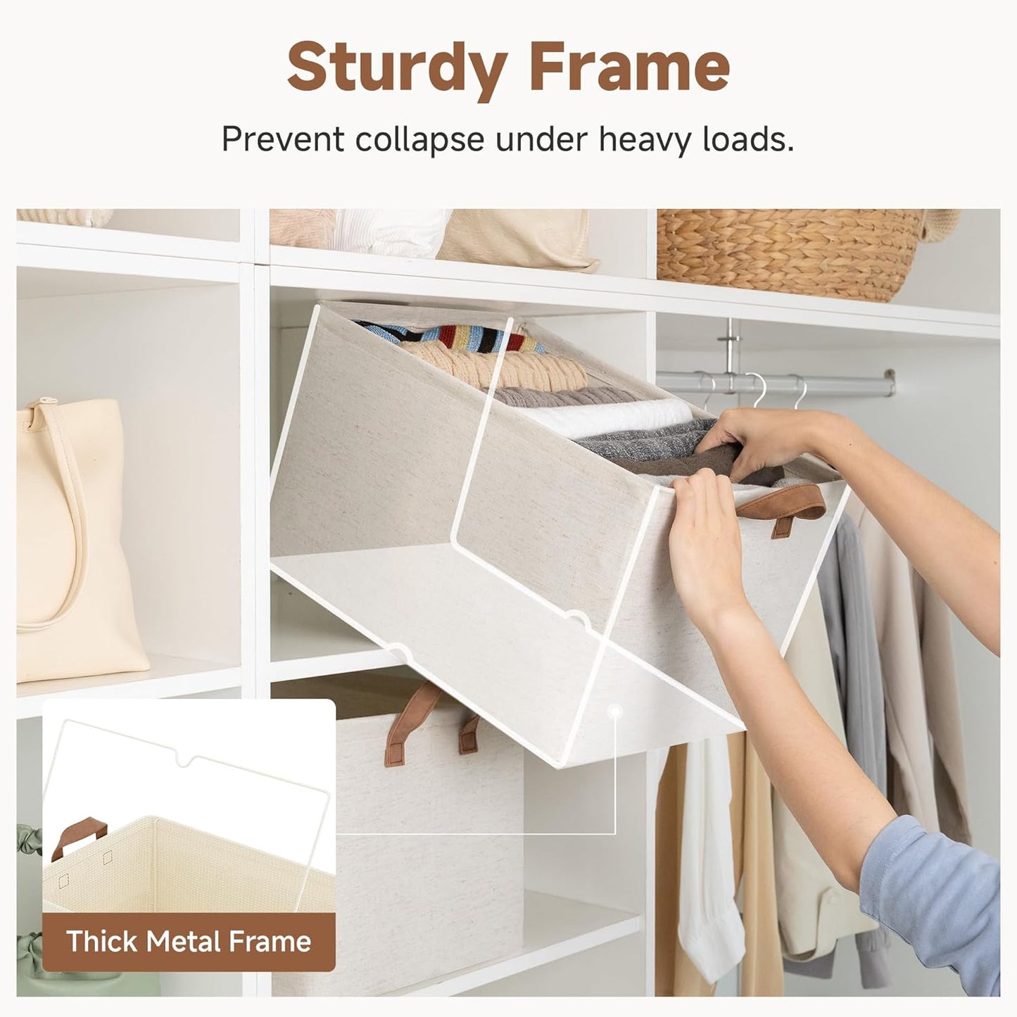 StorageWorks Storage Bins, Shelves Baskets for Organizing, 45L Extra Large Fabric Closet Organizers with Handles, Metal Frame, Beige（Cotton-linen）, 2-Pack