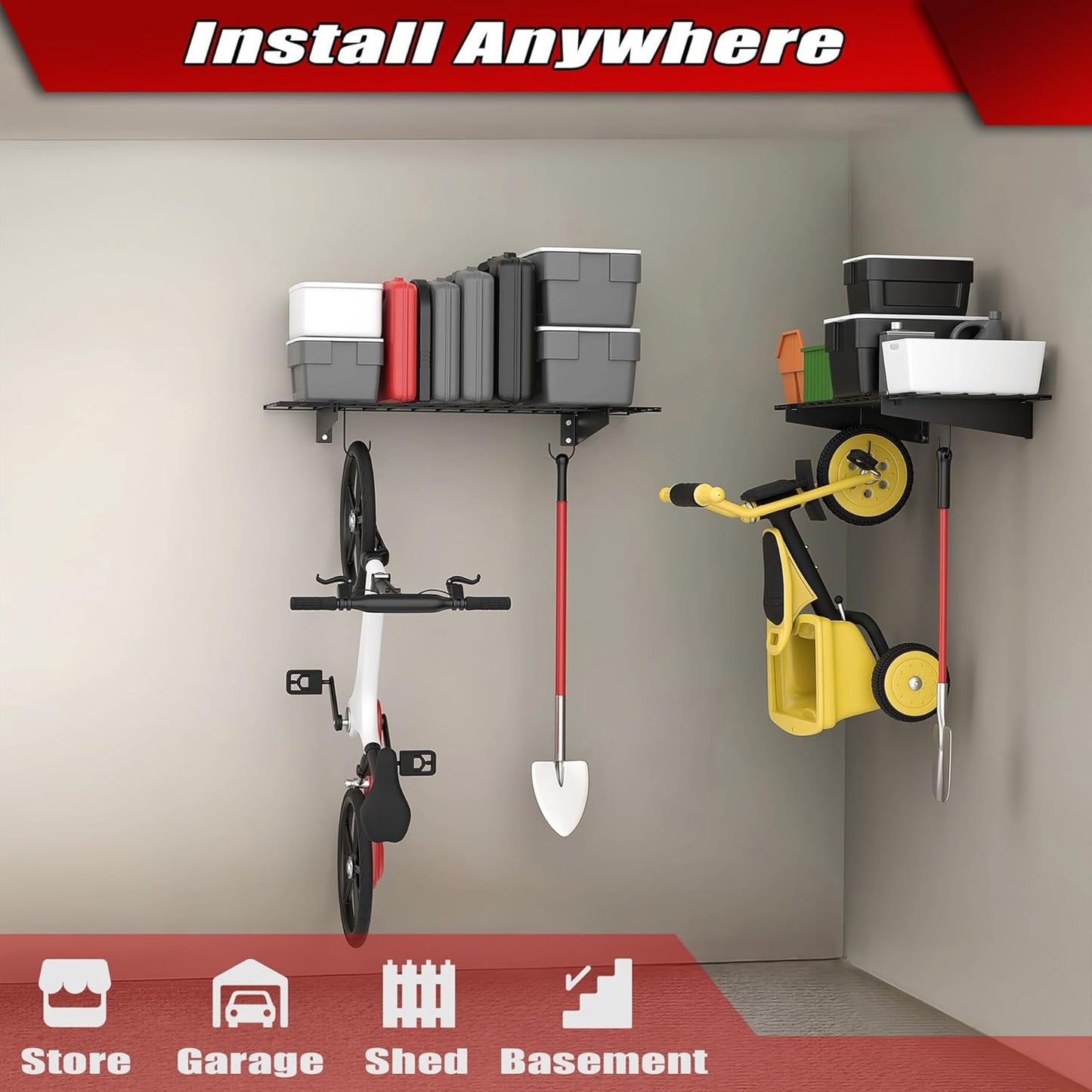 WALMANN 2 Pack Garage Wall Mount Shelves, 45x15 inch Wall Mounted Storage Shelves for Garage Heavy Duty Floating Shelf, Holds Up to 220 lbs(Black)