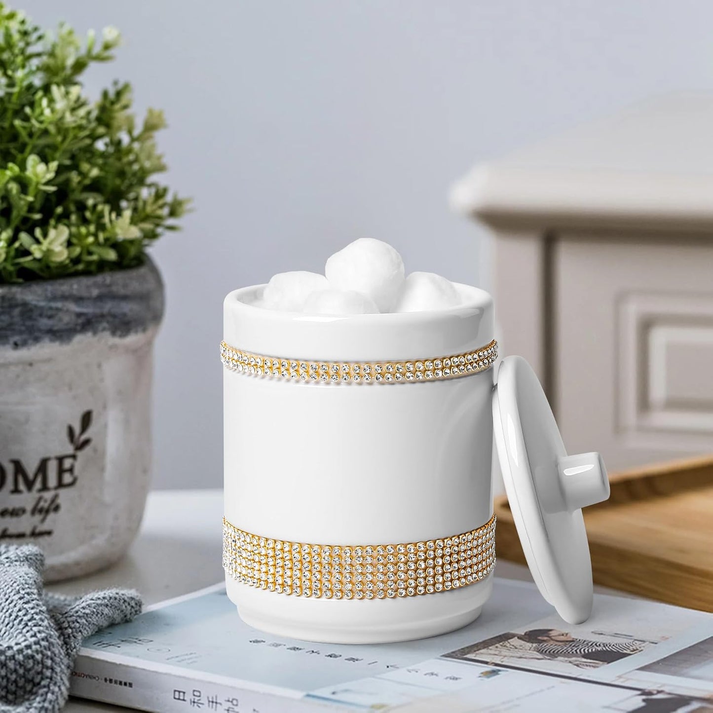 Bathroom Accessories Set with Diamonds 5 Pieces Toothbrush Holder Soap Dispenser Ceramic Bathroom Accessory Set Contain Cotton Swab Jar Toothbrush Cup Soap Dish Tumbler