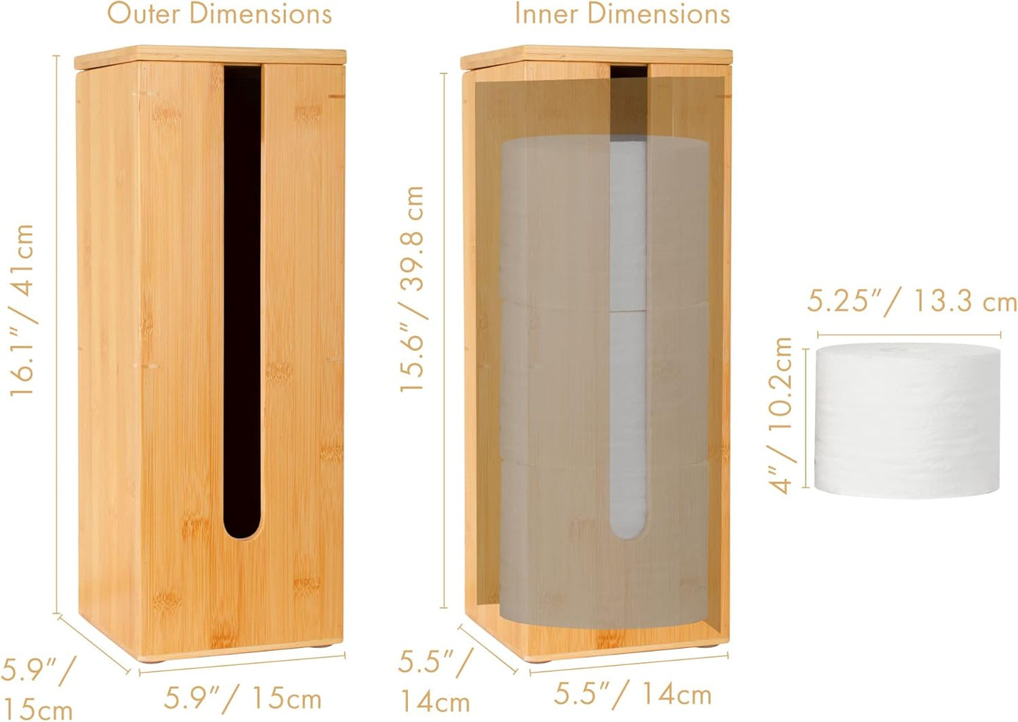 GOBAM Bamboo Toilet Paper Storage - Fits 3 Mega Toilet Paper, Bathroom Organizer, Toilet Paper Holder Stand, Bamboo Bathroom Accessories - Natural, 5.9 x 5.9 x 16.1 inches