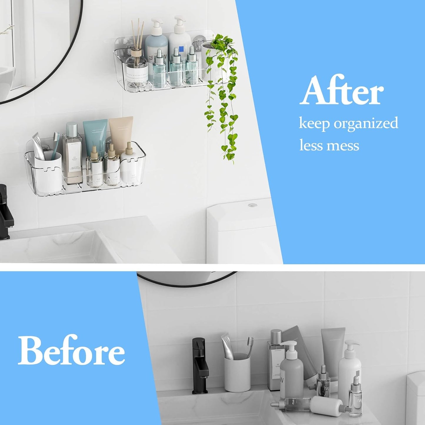 TZAMLI Acrylic Shower Caddy, Wall Mounted Adhesive Shelves with Lip, No Drilling Shower Organizer Clear Shelf for Bathroom Toilet Kitchen Storage, Large Long