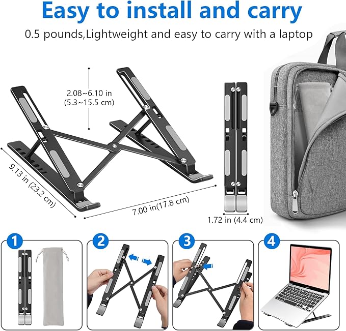 Laptop Stand for Desk, Aluminum Metal MacBook Stand, Computer Riser for Desk, Portable Foldable Adjustable Notebook Holder, Compatible with 10-15.6 Inch Laptops, iPad, Black.