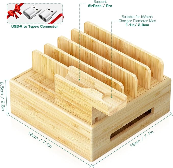 Darfoo Bamboo Charging Station for Multiple Devices - Wood Family Charging Station with 7 USB Ports and 1 Watch-Earbud Stand for Phones, Tablets, Smart Watches & Earbuds
