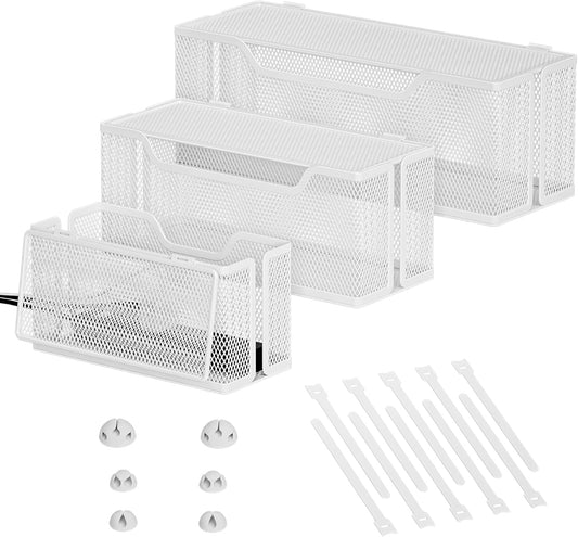 3 Pack Cable Management Box, Metal Mesh Cord Organizer Box for TV Wires, Electrical Hiding, Power Strip – Under Desk Cable Storage Box with Cable Clips&Reusable Cable Ties for HomeOffice - White