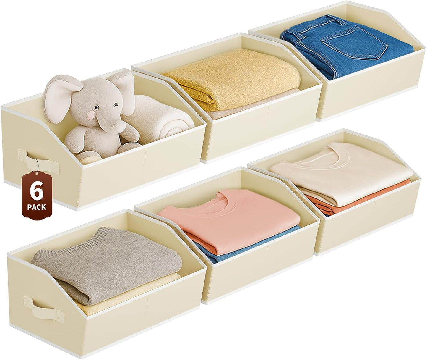 Large Closet Organizers and Storage Bins - 6 Pack Trapezoid Storage Baskets for Shelves, Foldable Fabric Baskets with Handles Ideal for Closet, Basket, Wardrobe and Shelf Storage, Beige