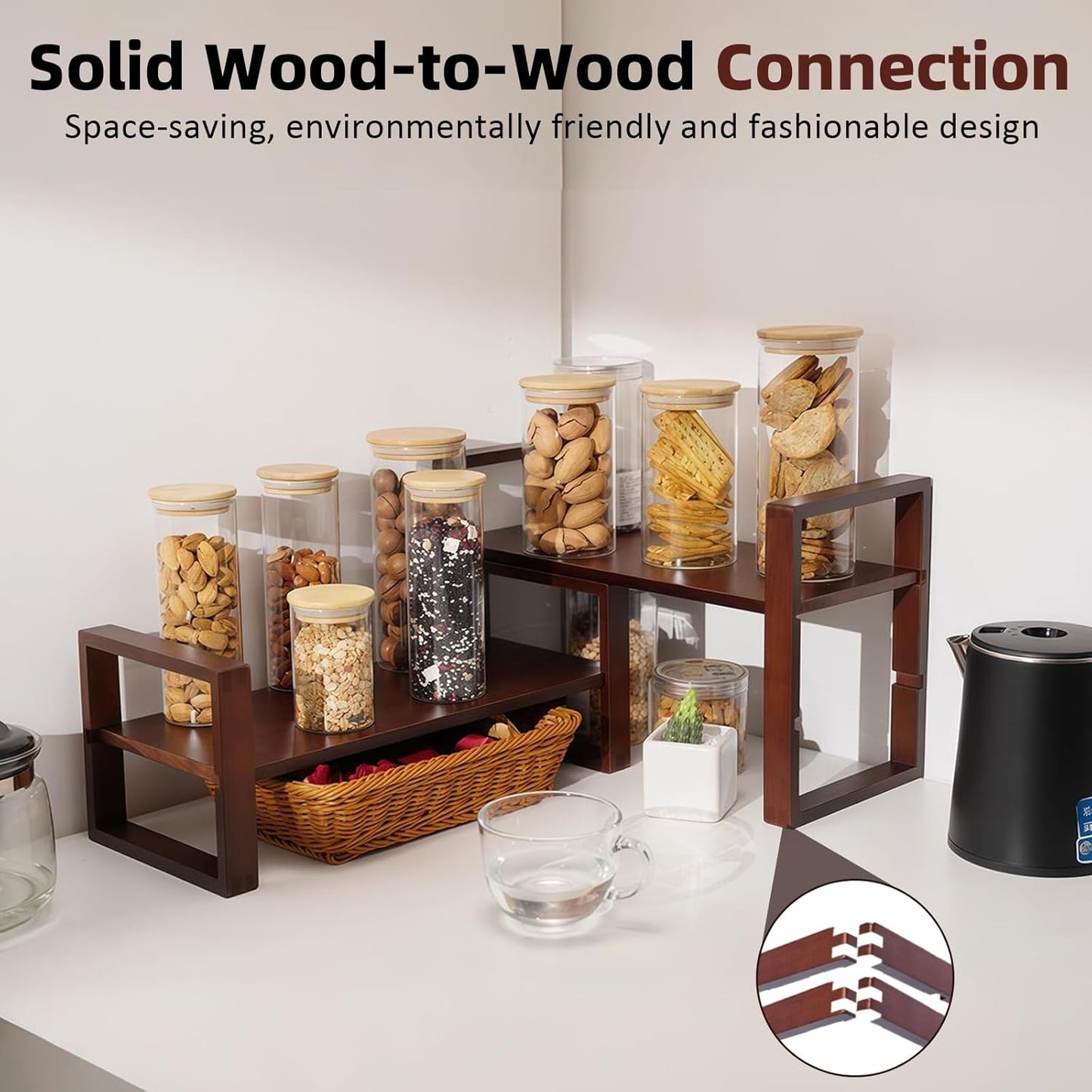 Upgraded Desktop & Off-Surface Shelves, No Tools Assembly Interlocking Joints for Enhanced Stability, Solid Pine Wood, 130lb Load Capacity for Office, Books, Bathroom Storage Walnut Colour