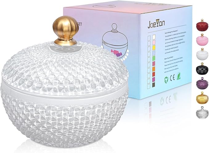 Joeyan 12 oz Small White Glass Jars with Lid,Embossed Glass Candy Dishes,Diamond Faceted Food Container,Decorative Jewelry Box Apothecary Canisters,Colored Kitchen Bathroom Buffet Storage Organizer