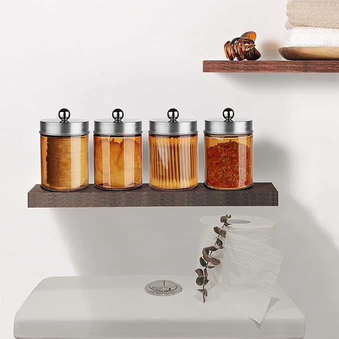 Amolliar Bronze Glass Apothecary Jar With Metal Lid & Stickers, Bathroom Qtip Dispenser Storage Canister, Perfect for Cotton Balls, Cotton Swabs, Makeup Pads, Bath Salt, Floss, 2 Pack (Brushed Nickel)