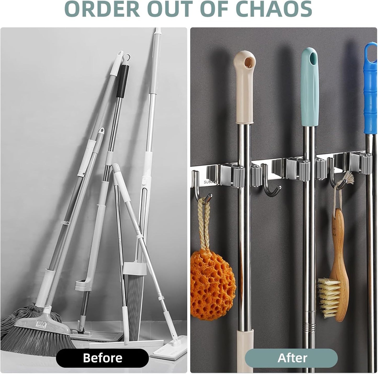 Broom and Mop Holder Wall Mount Organizer Stainless Steel Heavy Duty Hooks Self Adhesive Solid Non-slip for Home Kitchen Garden Laundry Garage(4 Racks with 5 Hooks, Silver)
