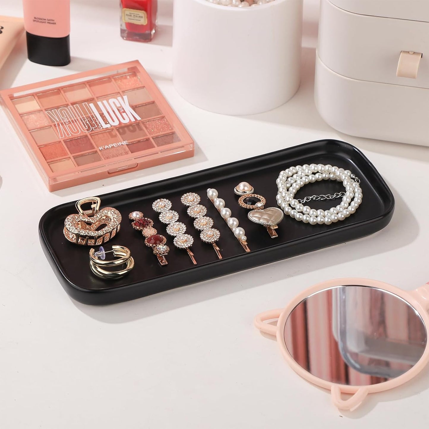 VanEnjoy Ceramic Tray for Kitchen Counter, Black Vanity Tray for Bathroom Counter, Long Narrow Tray for Soap Bottles