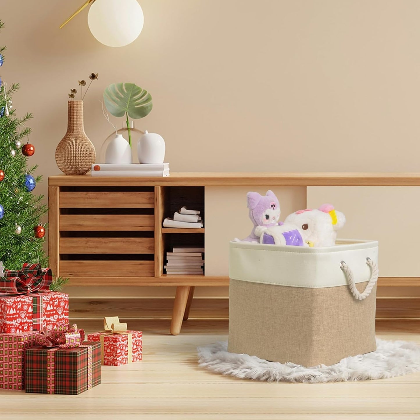 12x12 storage cube bins[6 Pack],Fabric Storage Cubes with Rope Handles, Eco-Friendly Linen Collapsible Organizers for Closet, Nursery, Toys, Office, Bathroom – Dual Color Design.(White&Khaki)