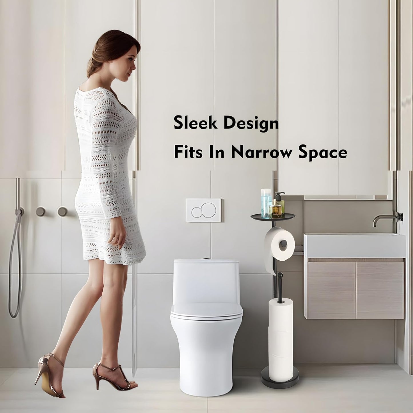 Noonext Black Toilet Paper Holder with Shelf, Freestanding Toilet Paper Holder Stand with Tray at The Top, Heavy Base No Tipping Over (Stainless Steel, Black)