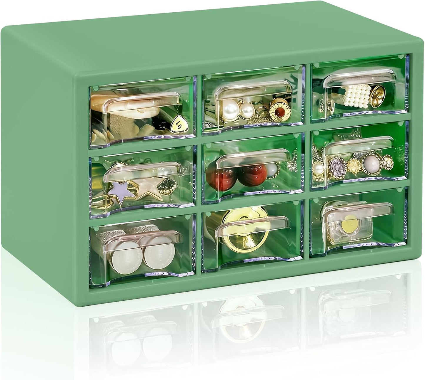 Desk Storage Organizer with 9 Drawers, FODIENS Stackable Desktop Craft Drawer Cabinet, Clear Storage Box Caddy for Makeup Jewelry Office Craft Supplies (9.84×6.3×5.9in) (Green)
