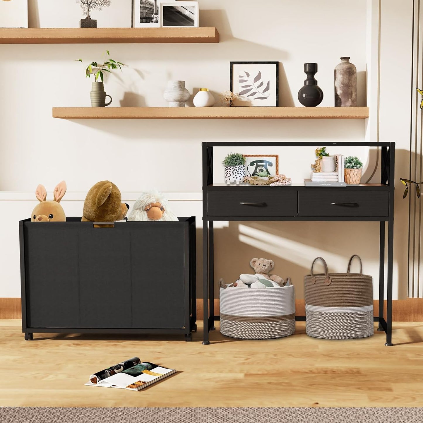 Laundry Hamper 3 Section, 150L Rolling Laundry Sorter Basket with 2 Shelves and 2 Drawers, 3 Compartment Clothes Organizer Cart with Wheels, Pull-Out Bags for Laundry Room, Bathroom, Bedroom