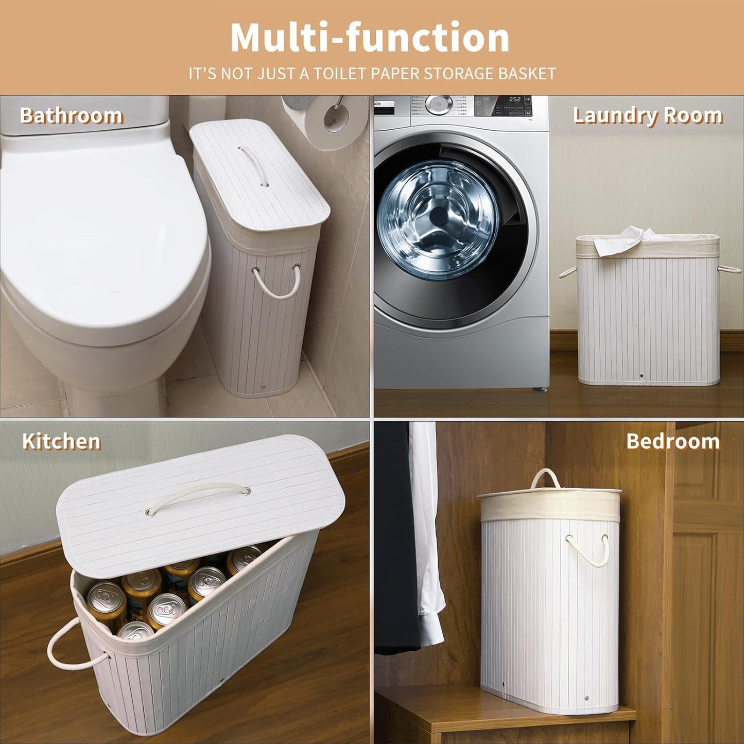 Bamboo Toilet Paper Storage with Lid & Handel, 8 Gallons (30L), Sturdy Toilet Paper Basket, Organizer for Bathroom, Kitchen, Holder with Storage, White