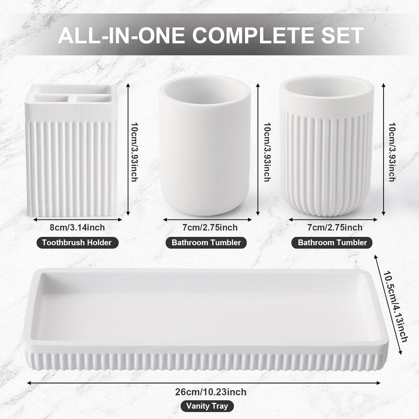 Resin Bathroom Toothbrush Holder Set, Matte White Bathroom Accessories Set 4 Pcs, Bathroom Tumbler Cup Tooth Brushing Cup Set with Tray, for Sink Countertop Modern Home Decor